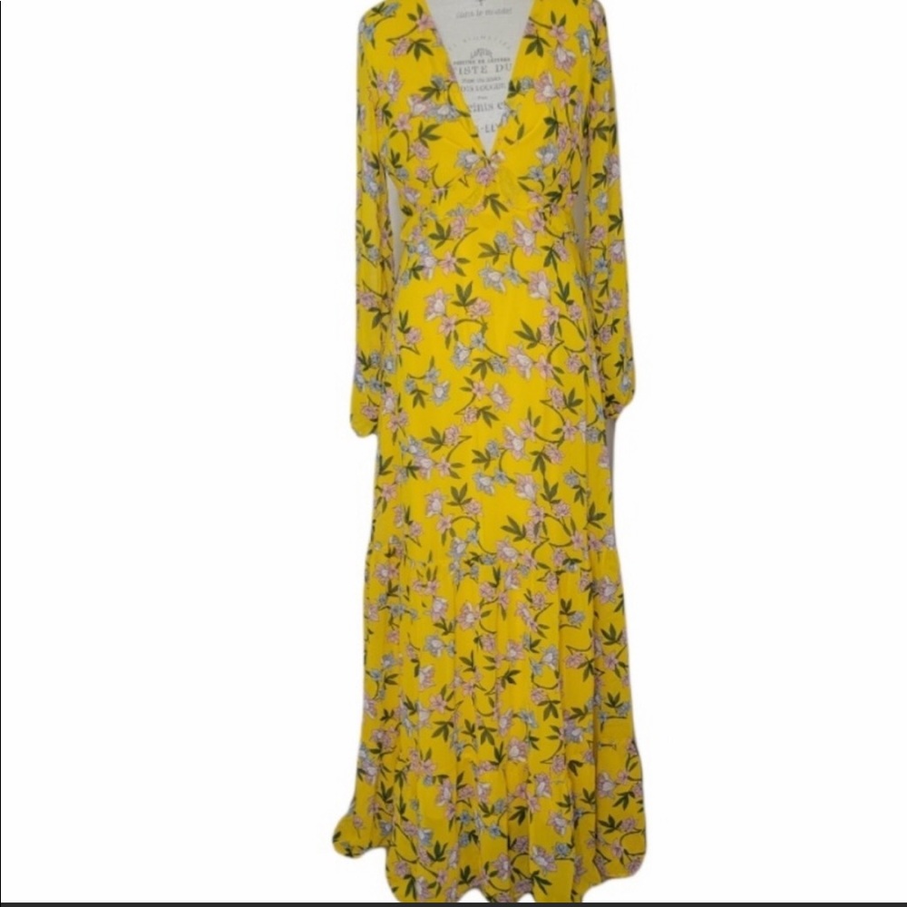 Lulu's Chiffon Tiered Ruffle Long Sleeve Maxi Dress Mustard Floral Size M